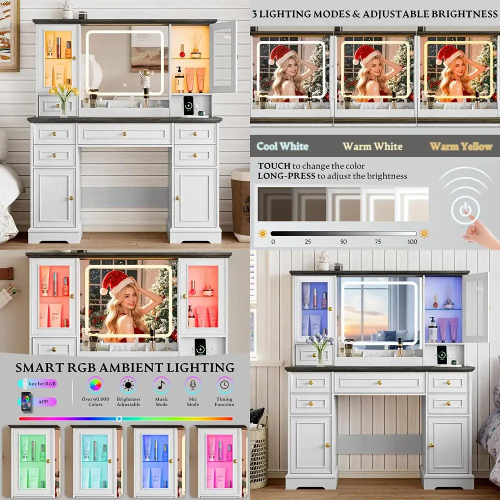 Large Farmhouse Style Vanity Desk with HD Illuminated Mirror, Storage Drawers, and RGB Cabinet Lighting
Large Farmhouse Style Vanity Desk with HD Illuminated Mirror, Storage Drawers, and RGB Cabinet Lighting