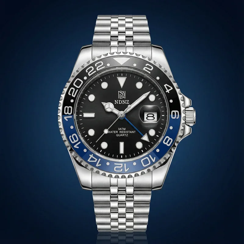 NDNZ style men's quartz watch, waterproof 3ATM, stainless steel Silver Jubilee strap, 24-hour rotating bezel, date display
NDNZ style men's quartz watch, waterproof 3ATM, stainless steel Silver Jubilee strap, 24-hour rotating bezel, date display