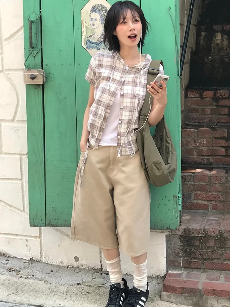 Casual Plaid ort Sve irt Women Summer Loose Side Pleated Dstring Hooded Top Color Blo Loose Fit Regular Length
Casual Plaid ort Sve irt Women Summer Loose Side Pleated Dstring Hooded Top Color Blo Loose Fit Regular Length