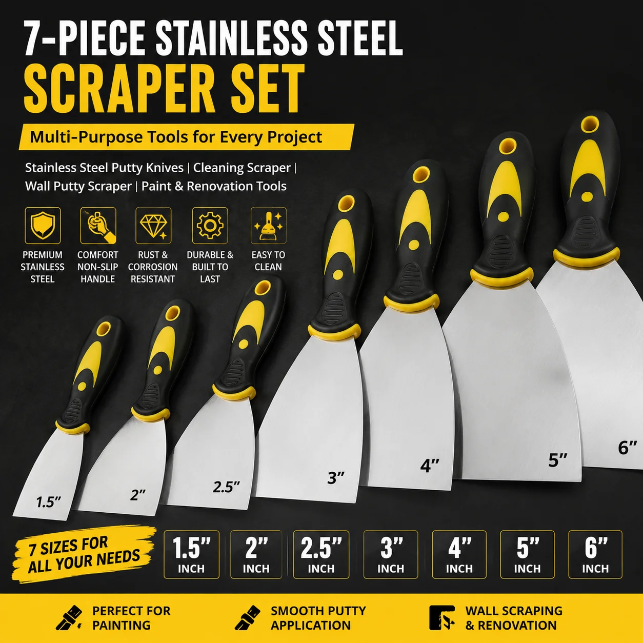 7-piece Set - Stainless Steel Grease Knife, Cleaning Scraper, Putty Knife, Wall Renovation Scraper, Paint Tools. Size: 1.5-6 In
7-piece Set - Stainless Steel Grease Knife, Cleaning Scraper, Putty Knife, Wall Renovation Scraper, Paint Tools. Size: 1.5-6 In