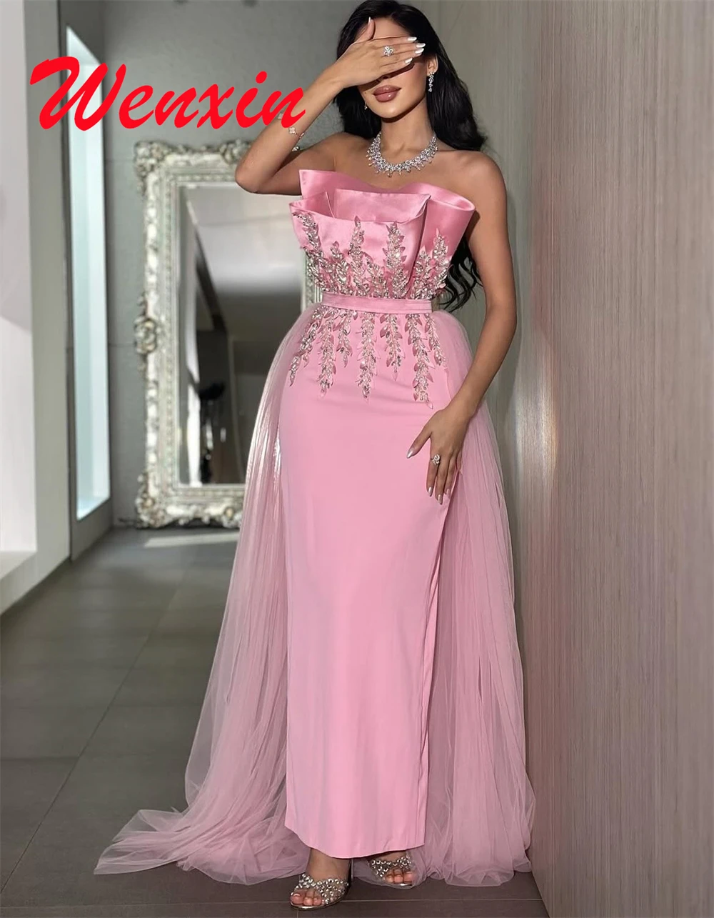 Customized Luxury Pink Tulle Evening Dresses Modern Strapless Sleeveless Homecoming Dresses Modern Special Occasion Gowns 
Customized Luxury Pink Tulle Evening Dresses Modern Strapless Sleeveless Homecoming Dresses Modern Special Occasion Gowns
