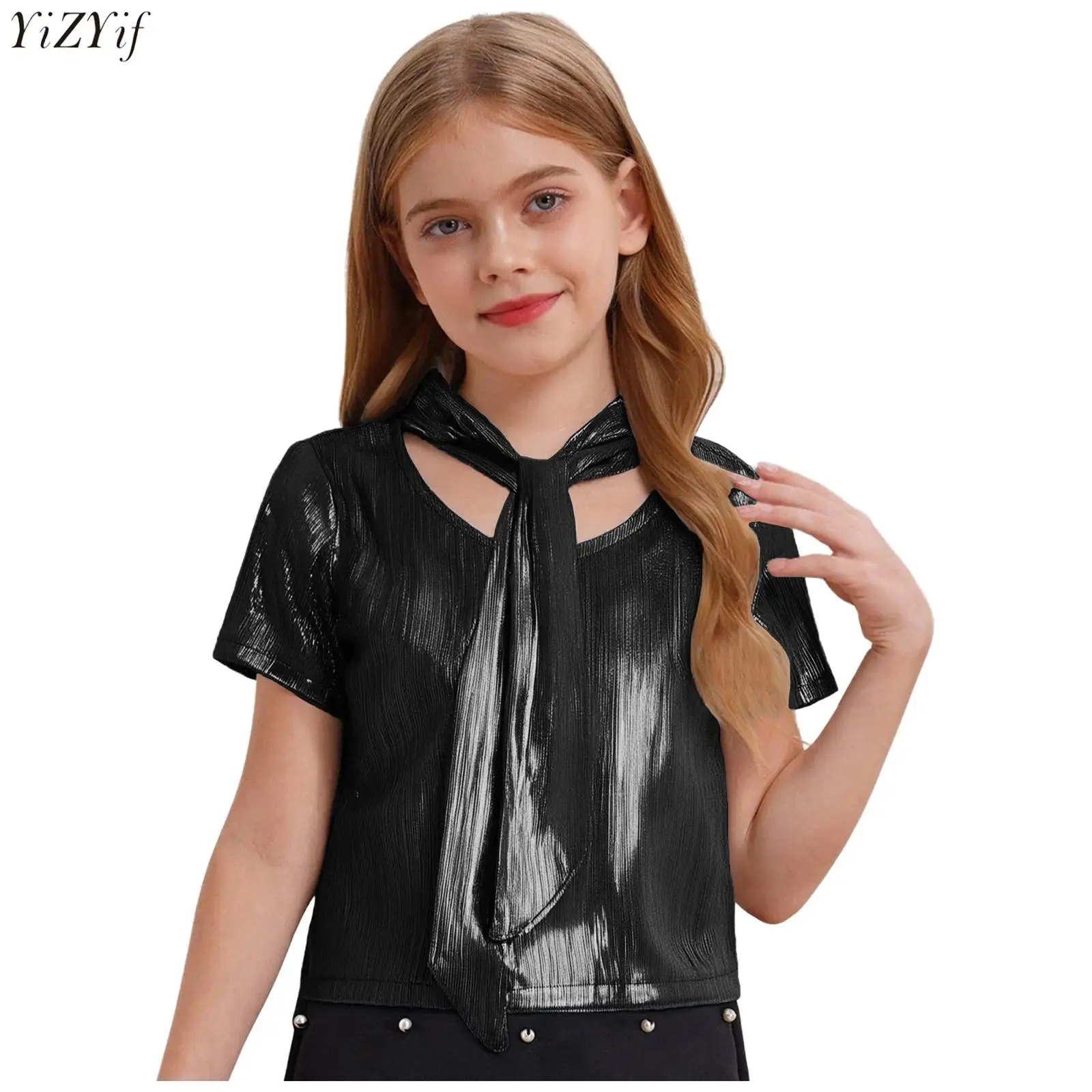 Kids Girls Hip-Hop Jazz Dance Shirt Shiny Metallic Ribbed Crop Top Lace-up Round Neck Short Sleeve T-shirt for Stage Performance
Kids Girls Hip-Hop Jazz Dance Shirt Shiny Metallic Ribbed Crop Top Lace-up Round Neck Short Sleeve T-shirt for Stage Performance