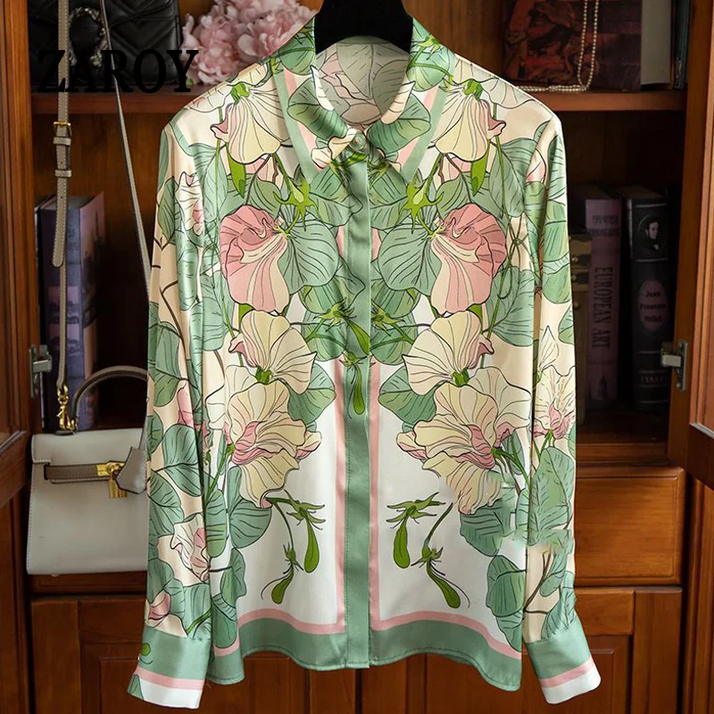 ZAROY Luxury Satin Women's Shirt Green Lotus Print Long Sleeve Lapel Blouse Elegant Vintage Chic Office Wear Camisas Streetwear
ZAROY Luxury Satin Women's Shirt Green Lotus Print Long Sleeve Lapel Blouse Elegant Vintage Chic Office Wear Camisas Streetwear