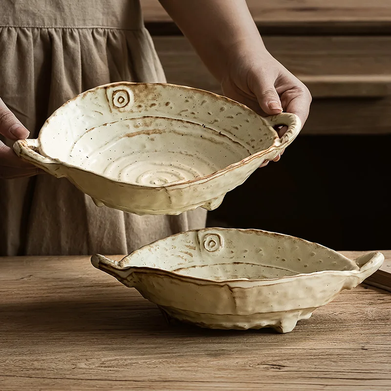 Coarse pottery retro ceramic binaural plate salad plate household handmade tableware
Coarse pottery retro ceramic binaural plate salad plate household handmade tableware