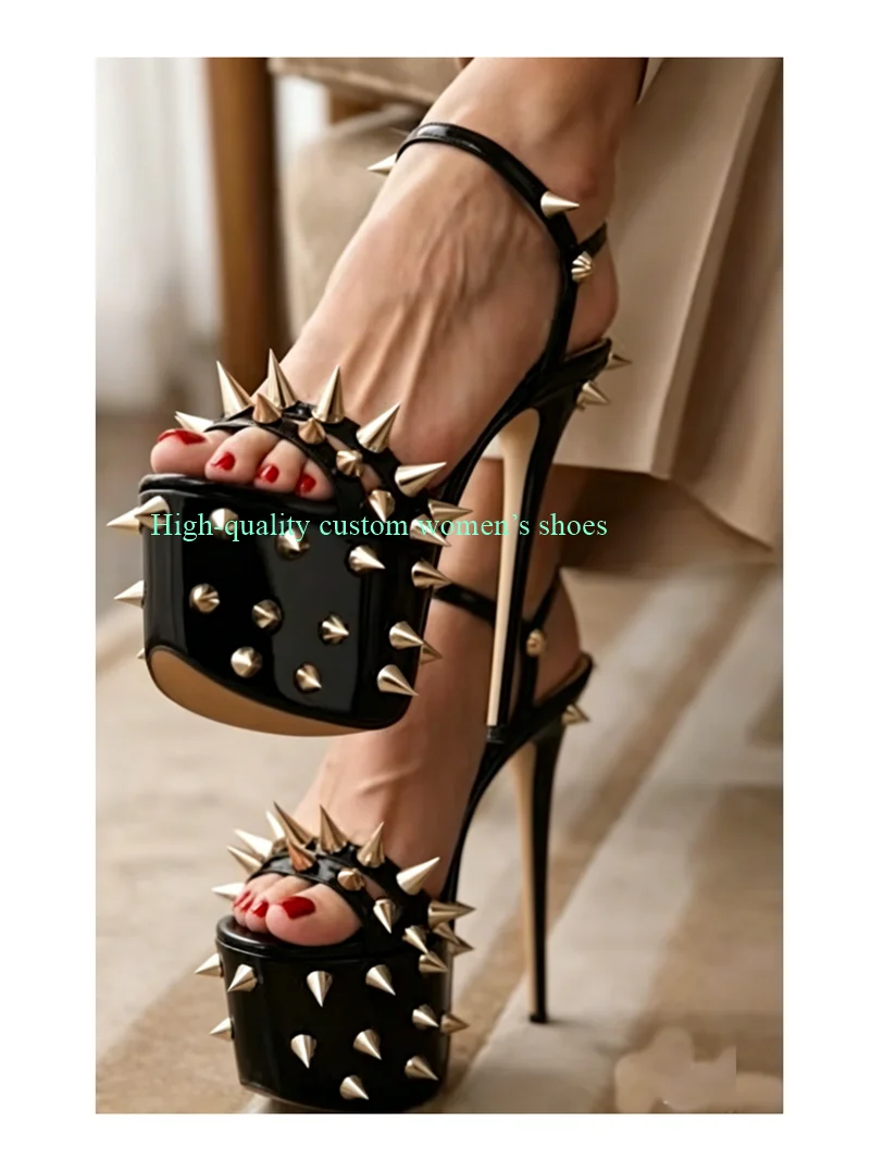 Extra High Waterproof Platform Stilettos Round Head With Exposed Toe Rivet Spiked Decoration Black Shallow Weird High Heels
Extra High Waterproof Platform Stilettos Round Head With Exposed Toe Rivet Spiked Decoration Black Shallow Weird High Heels