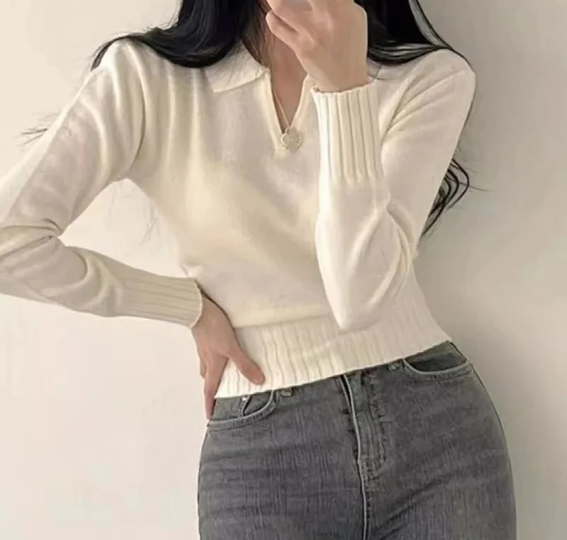 Korean Chic Turndown Collar Sweaters Female Gray Slim Fit Long Cropped Sweater for Woman Streetwear Knit Pullovers
Korean Chic Turndown Collar Sweaters Female Gray Slim Fit Long Cropped Sweater for Woman Streetwear Knit Pullovers