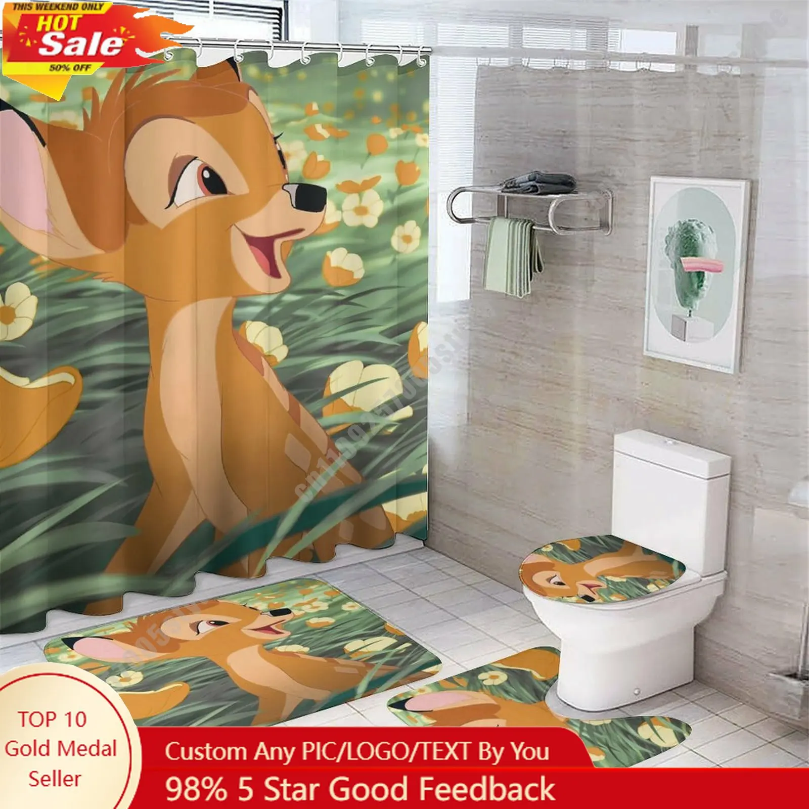Bambi Shower Curtain Set Disney Cartoon Pattern Non Slip Rug Toilet Cover Bath Mat 4PCS Decorating Birthday Gift
Bambi Shower Curtain Set Disney Cartoon Pattern Non Slip Rug Toilet Cover Bath Mat 4PCS Decorating Birthday Gift