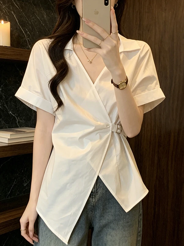 Casual Korean Style Shirt V-Neck Short Sleeve Waist-Cinching Belly- Concealing Asymmetrical Slit Summer New plus Size Women's...
Casual Korean Style Shirt V-Neck Short Sleeve Waist-Cinching Belly- Concealing Asymmetrical Slit Summer New plus Size Women's...