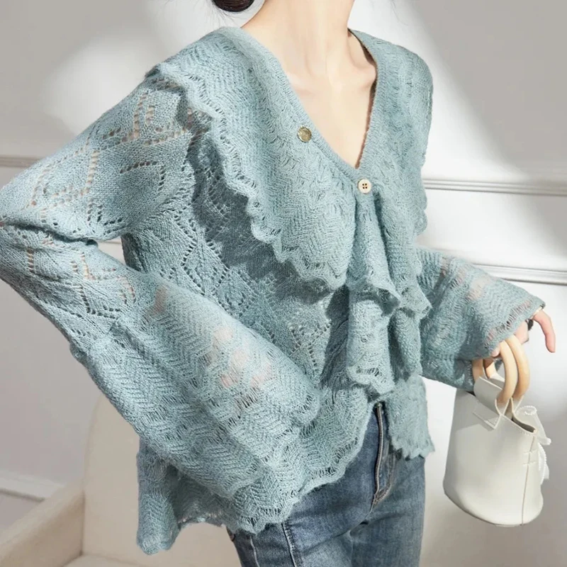 Gentle Ruffled Knit Cardigan Women Korean Casual Fashion Crochet Sweater Long Sleeve Spring Elegant V Neck Female Jumpers Top
Gentle Ruffled Knit Cardigan Women Korean Casual Fashion Crochet Sweater Long Sleeve Spring Elegant V Neck Female Jumpers Top