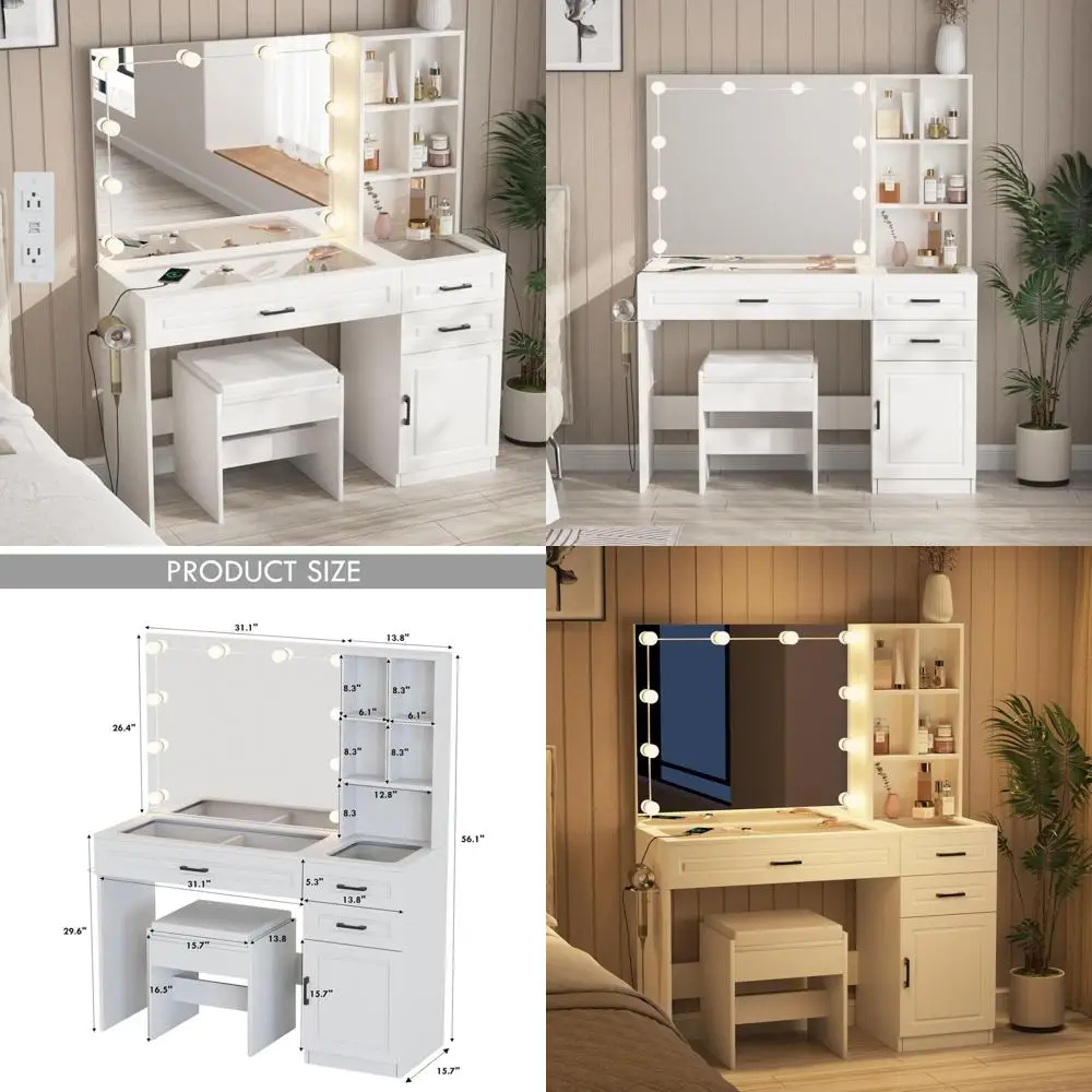 Large Glass-Top Makeup Vanity with Mirror, Lights, and Charging Station
Large Glass-Top Makeup Vanity with Mirror, Lights, and Charging Station