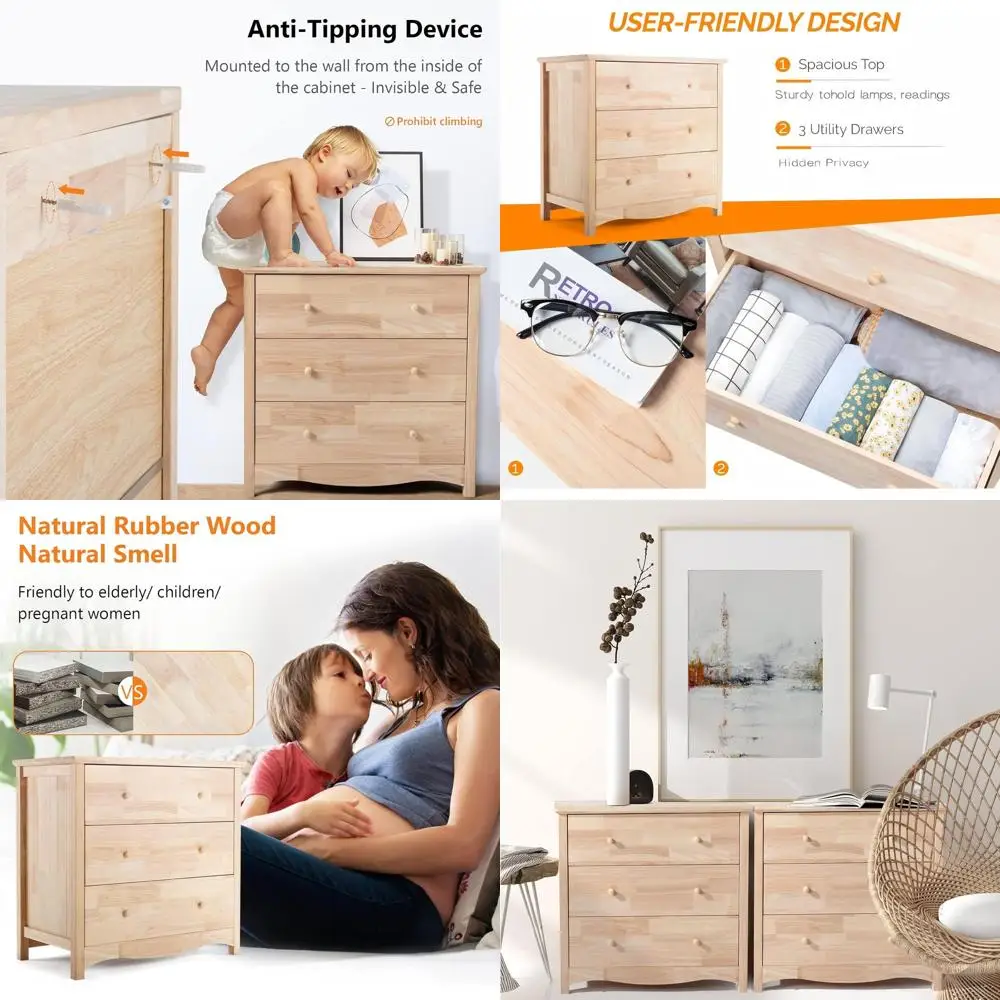 Natural Solid Wood 3 Drawer Dresser with Full Extension Slides and Wooden Knobs, Rustic DIY Style
Natural Solid Wood 3 Drawer Dresser with Full Extension Slides and Wooden Knobs, Rustic DIY Style