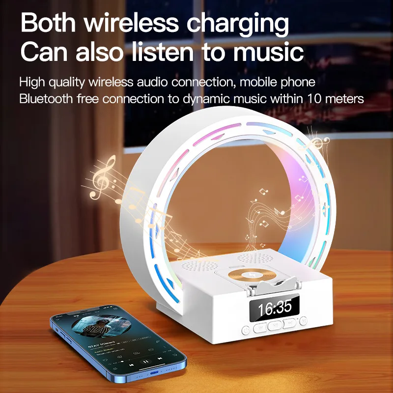 4 in 1 Bluetooth Speaker Wireless Charging Bedside Lamp With Alarm Clock Wake-Up Light for Bedroom Support USB Drive TF Card 
4 in 1 Bluetooth Speaker Wireless Charging Bedside Lamp With Alarm Clock Wake-Up Light for Bedroom Support USB Drive TF Card