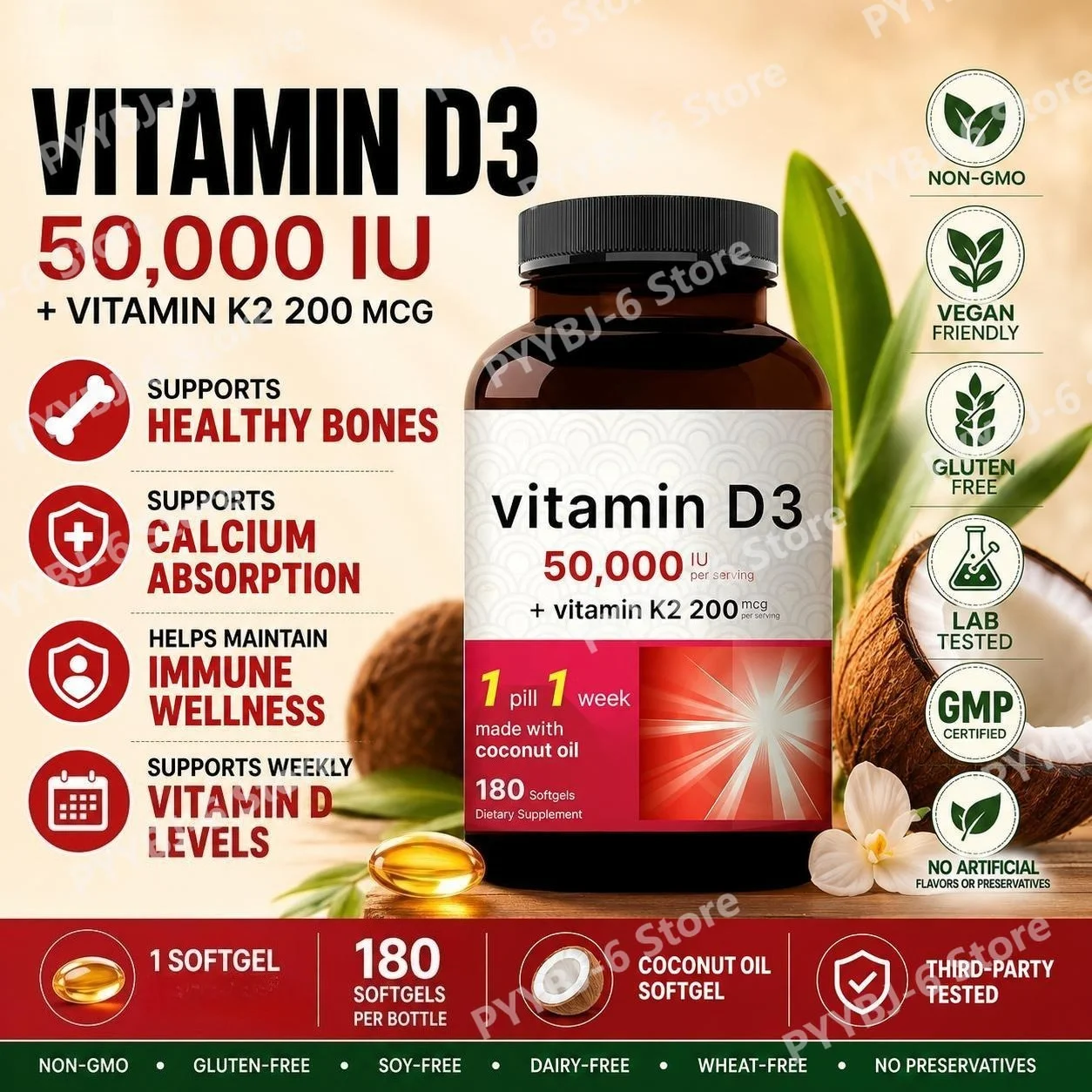 Vitamin D3 + Vitamin K2 Softgels Supports Calcium Absorption and Bones 50,000 IU D3 and 200 Mcg MK-7 K2 180 Softgels
Vitamin D3 + Vitamin K2 Softgels Supports Calcium Absorption and Bones 50,000 IU D3 and 200 Mcg MK-7 K2 180 Softgels