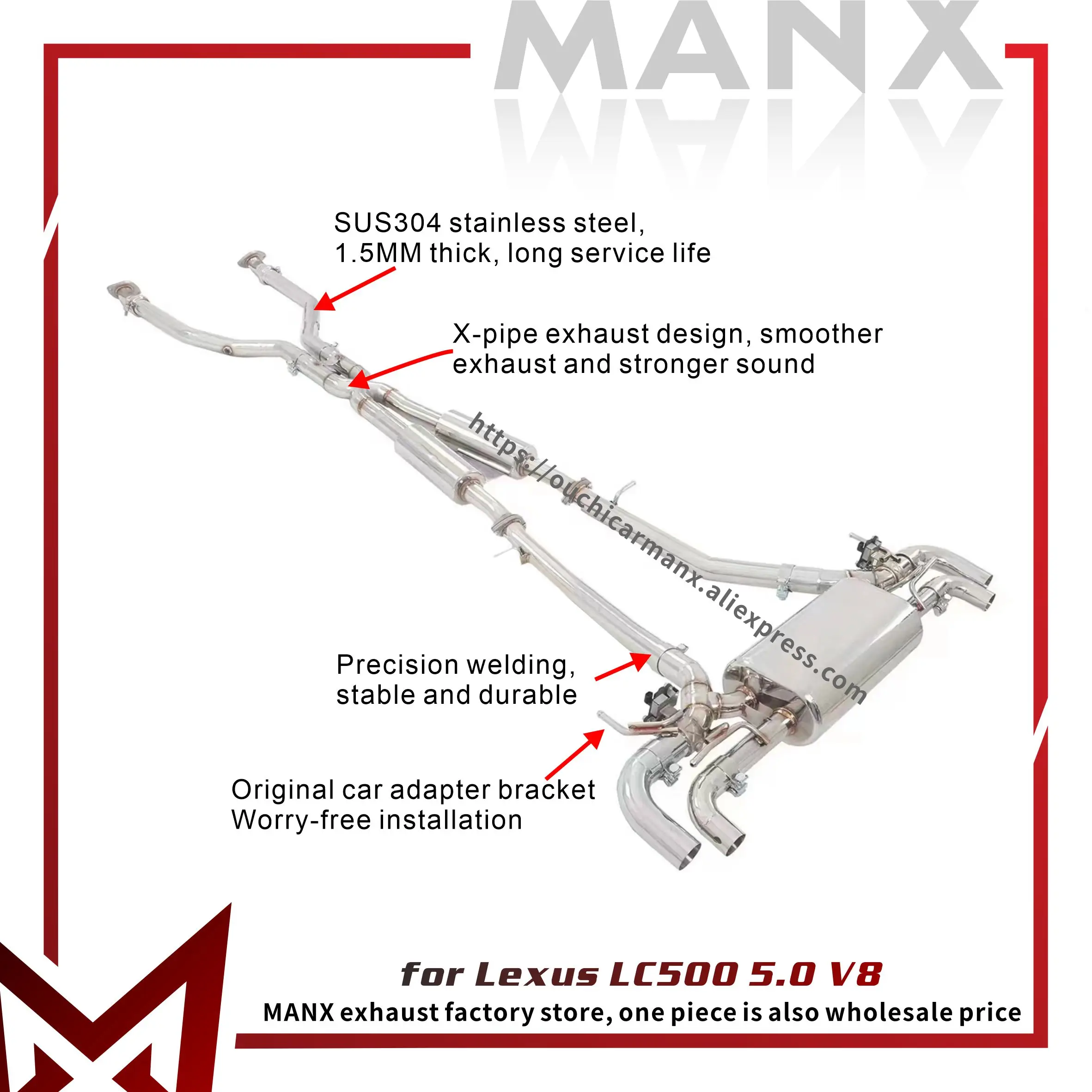 MANX Car Exhaust system for Lexus LC500 5.0 V8 Stainless steels Catback Performance exhaust pipe with remote control valve
MANX Car Exhaust system for Lexus LC500 5.0 V8 Stainless steels Catback Performance exhaust pipe with remote control valve