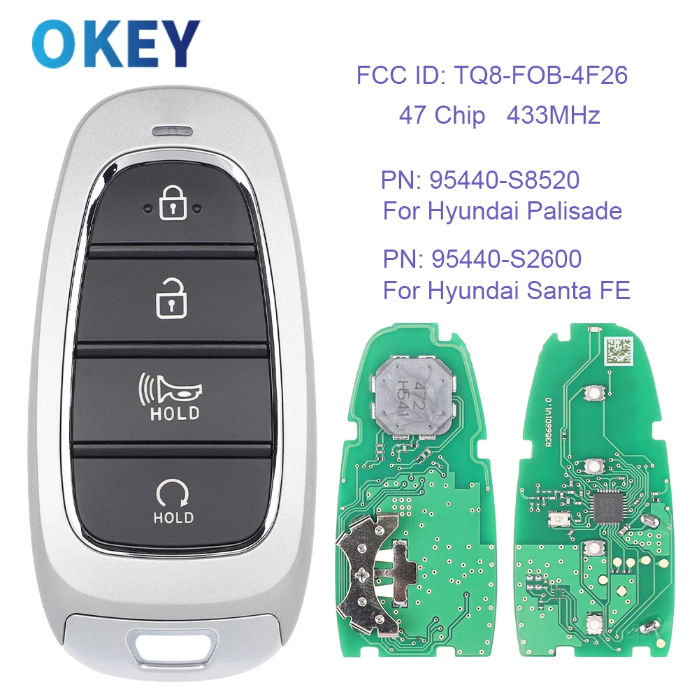 Умный дистанционный ключ Okey 433 МГц 47 чипов FCC ID TQ8-FOB-4F26 для Hyundai Palisade Santa FE PN: 95440-S8520 95440-S2600
Умный дистанционный ключ Okey 433 МГц 47 чипов FCC ID TQ8-FOB-4F26 для Hyundai Palisade Santa FE PN: 95440-S8520 95440-S2600