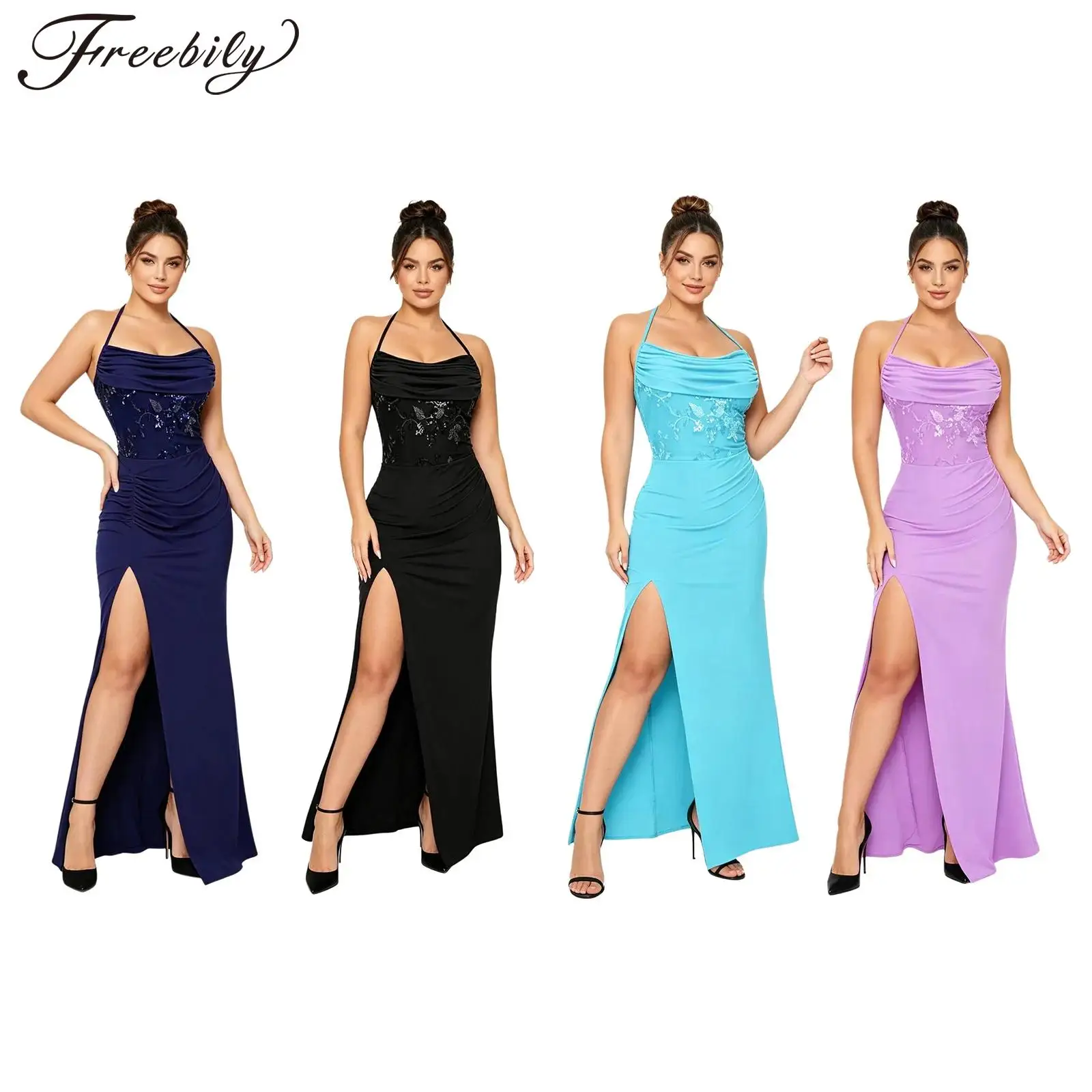 Womens Cocktail Wedding Maxi Dress Shiny Embroidered Bodice Side Split Hem Gown with Ruched
Womens Cocktail Wedding Maxi Dress Shiny Embroidered Bodice Side Split Hem Gown with Ruched