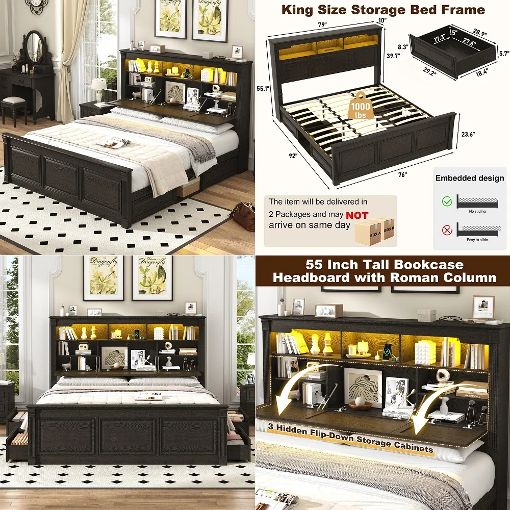 King Size Bed Frame with 55 Tall Storage Headboard amp 4 Drawers, Wood Roman Column Platform Bed Frame with 24 Tall Footboard,
King Size Bed Frame with 55 Tall Storage Headboard amp 4 Drawers, Wood Roman Column Platform Bed Frame with 24 Tall Footboard,