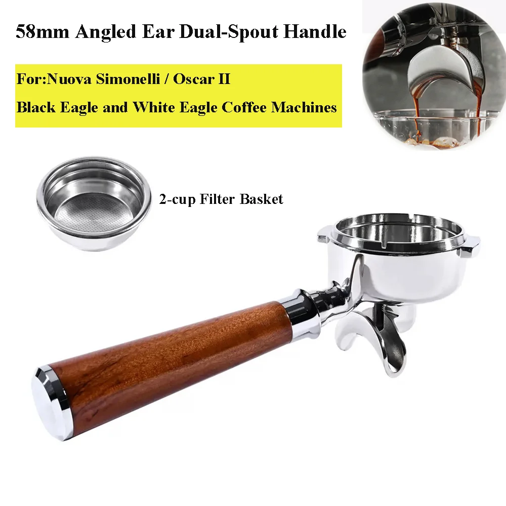 58mm Double Spout Portafilter Stainless Steel for Nuova Espresso Machine Stainless Steel Coffee Handle with 2-Cup Filter Basket
58mm Double Spout Portafilter Stainless Steel for Nuova Espresso Machine Stainless Steel Coffee Handle with 2-Cup Filter Basket