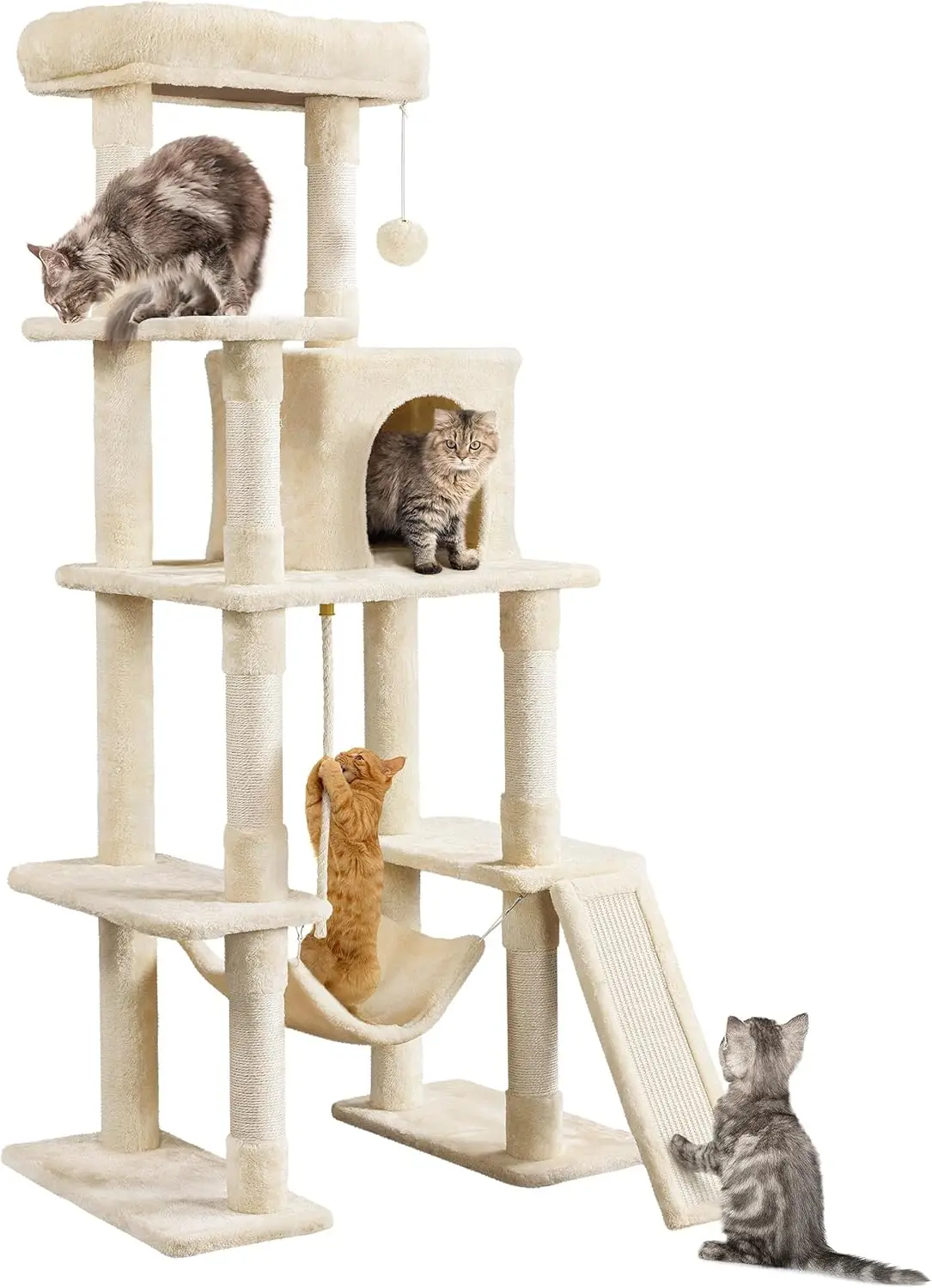 Cat Tree, 63 Inches Multi-Level Indoor Cat Play Structure with Scratching Posts, Hammock, and Dangling Ball
Cat Tree, 63 Inches Multi-Level Indoor Cat Play Structure with Scratching Posts, Hammock, and Dangling Ball