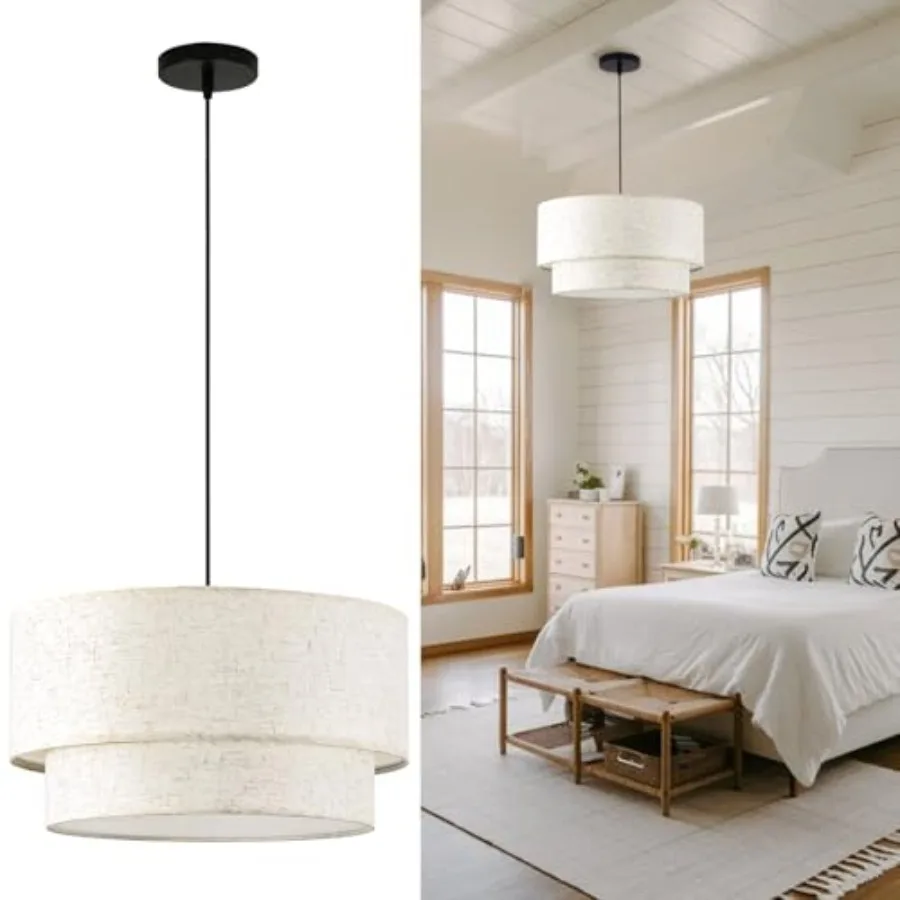 Linen Drum Pendant Light, 18" Double Drum Light Fixture with Modern Fabric Lampshade, 3-Light Linen Chandeliers for Dining Room
Linen Drum Pendant Light, 18" Double Drum Light Fixture with Modern Fabric Lampshade, 3-Light Linen Chandeliers for Dining Room