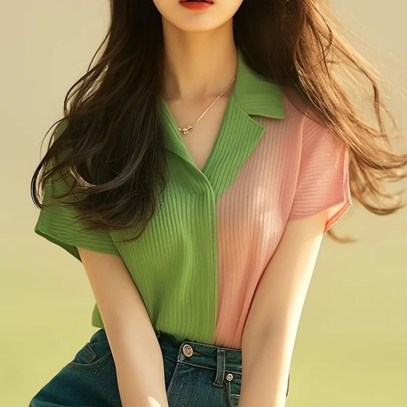 Spring And Summer New Patchwork Color Turn-Down Collar Short Sleeve Loose Women's Wear Office Lady Shirt
Spring And Summer New Patchwork Color Turn-Down Collar Short Sleeve Loose Women's Wear Office Lady Shirt