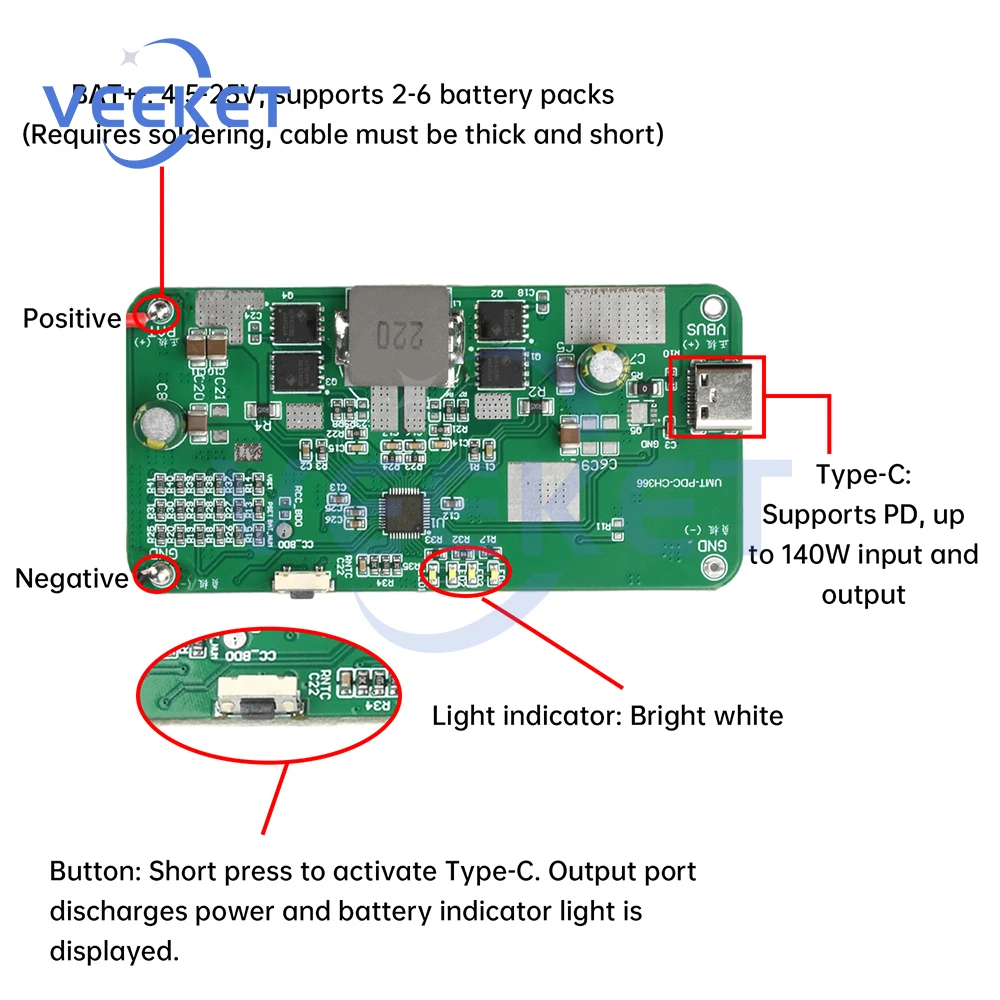 PD140W Bidirectional Fast Charging Module Power Module 2-6S Ternary Lithium Iron Lifepo4 BMS Charger Board TYPE-C
PD140W Bidirectional Fast Charging Module Power Module 2-6S Ternary Lithium Iron Lifepo4 BMS Charger Board TYPE-C