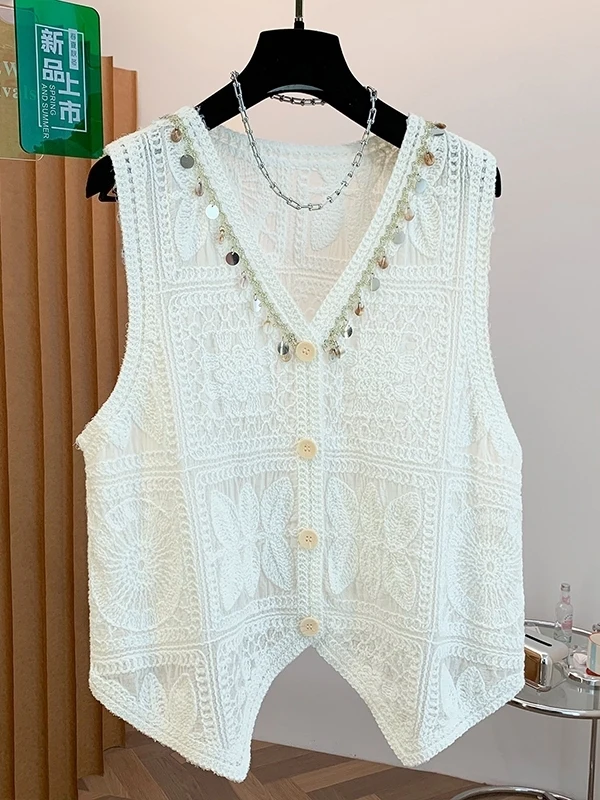 Bohemian Style Sequin Embroidered Hook Flower V-Neck Sleeveless Vest Women's Summer New Fashion Cotton Linen Blend Top
Bohemian Style Sequin Embroidered Hook Flower V-Neck Sleeveless Vest Women's Summer New Fashion Cotton Linen Blend Top