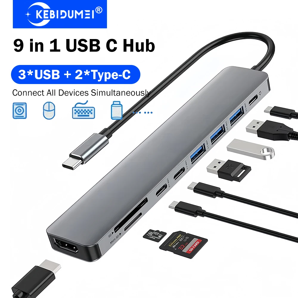 KEBIDUMEI 9-in-1 USB C Docking Station 3 USB Ports + Dual Type‑C Hub USB HUB USB 3.0 Splitter OTG Adapter TYPE-C to HDMI Adapter
KEBIDUMEI 9-in-1 USB C Docking Station 3 USB Ports + Dual Type‑C Hub USB HUB USB 3.0 Splitter OTG Adapter TYPE-C to HDMI Adapter