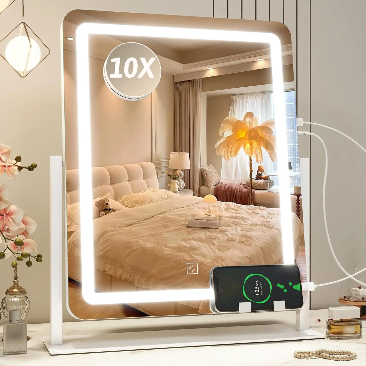 22 inch x 18 inch LED makeup mirror, 3-color adjustable bright mirror with intelligent touch, dressing table, bedroom, white
22 inch x 18 inch LED makeup mirror, 3-color adjustable bright mirror with intelligent touch, dressing table, bedroom, white
