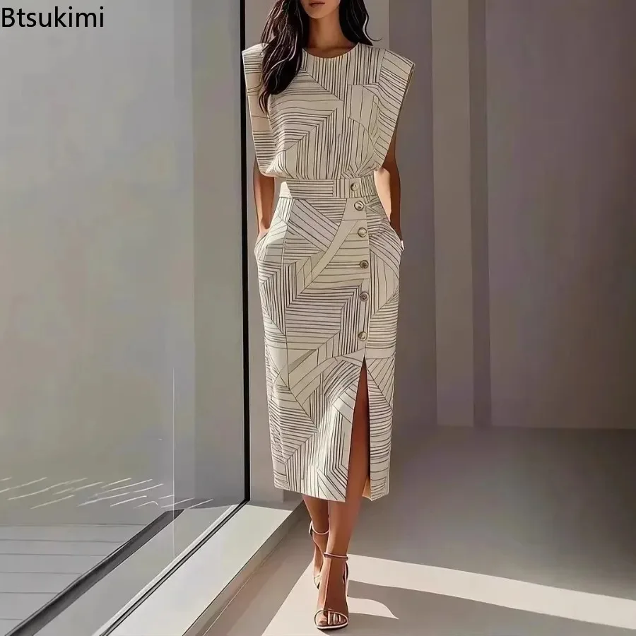 2 Piece Matching Suit Summer Sleeveless Geometric Print O Neck Top+Fashion Button Split Pocket Decor Skirt Set Holidays Suit
2 Piece Matching Suit Summer Sleeveless Geometric Print O Neck Top+Fashion Button Split Pocket Decor Skirt Set Holidays Suit