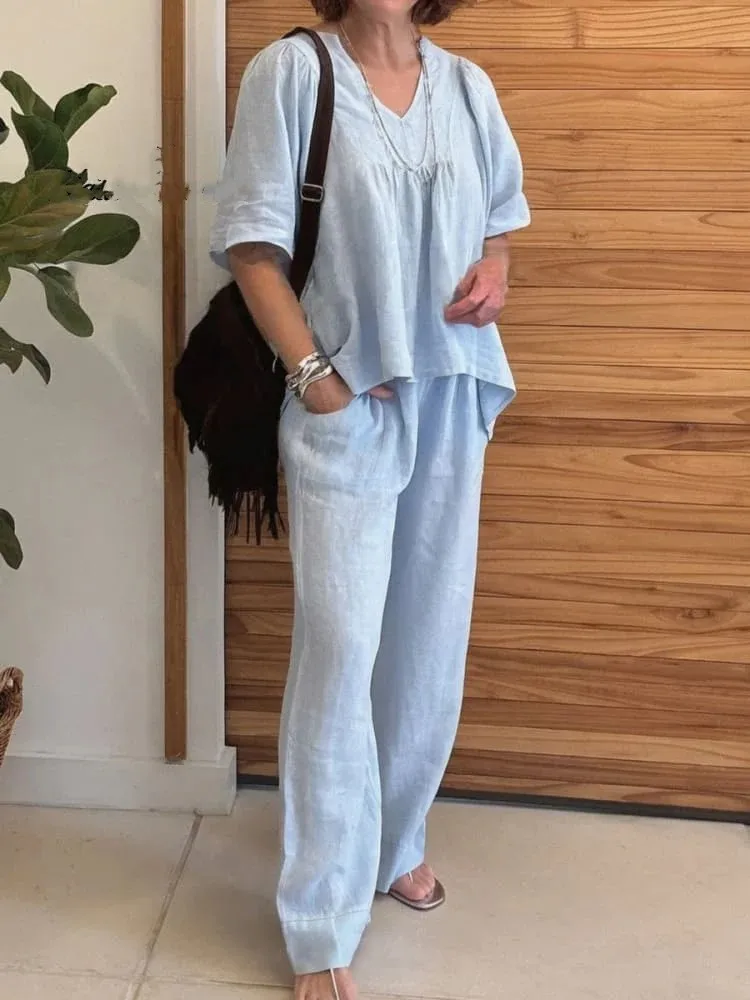 Summer New Casual Cotton Solid Two Piece Sets Women Half Sleeve V-neck Tops Packet Set Fashion Loose Sets Office Lady Outfits 
Summer New Casual Cotton Solid Two Piece Sets Women Half Sleeve V-neck Tops Packet Set Fashion Loose Sets Office Lady Outfits