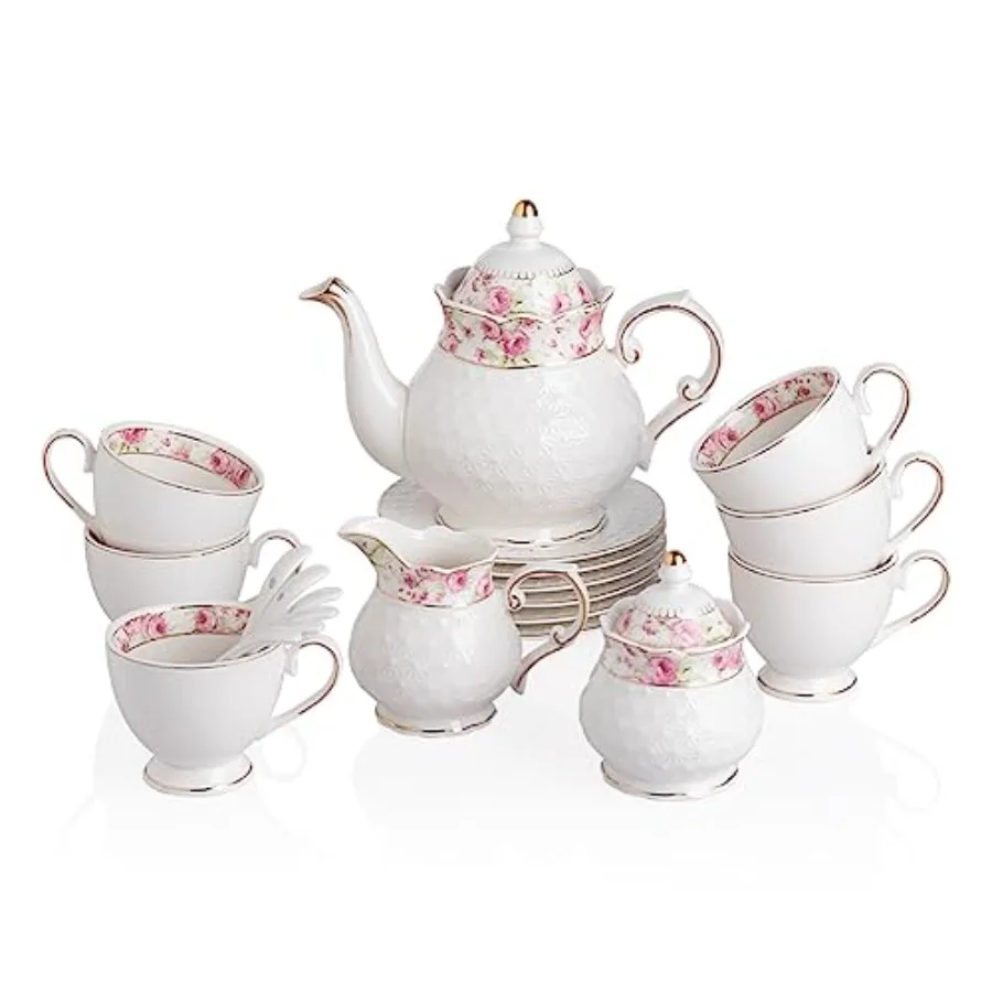 Sweejar 21 Pcs Porcelain Tea Set, Vintage British Floral Relief Gold Rimmed Teapot Cup and Saucer Set, Tea Set Service with Tea
Sweejar 21 Pcs Porcelain Tea Set, Vintage British Floral Relief Gold Rimmed Teapot Cup and Saucer Set, Tea Set Service with Tea