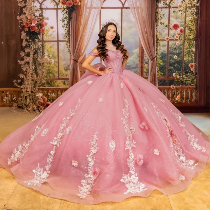 Shiny light pink Quinceanera Dress glitter 3D flower Decal Long tail Big Bow Vestidos De 15 Quinceanera Customize
Shiny light pink Quinceanera Dress glitter 3D flower Decal Long tail Big Bow Vestidos De 15 Quinceanera Customize