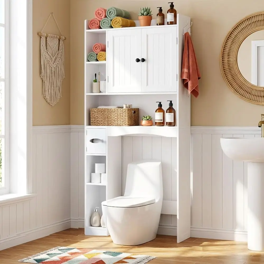 White 66 Over Toilet Storage Cabinet with 2 Doors, Paper Holder, and Adjustable Shelves for Bathroom and Laundry
White 66 Over Toilet Storage Cabinet with 2 Doors, Paper Holder, and Adjustable Shelves for Bathroom and Laundry