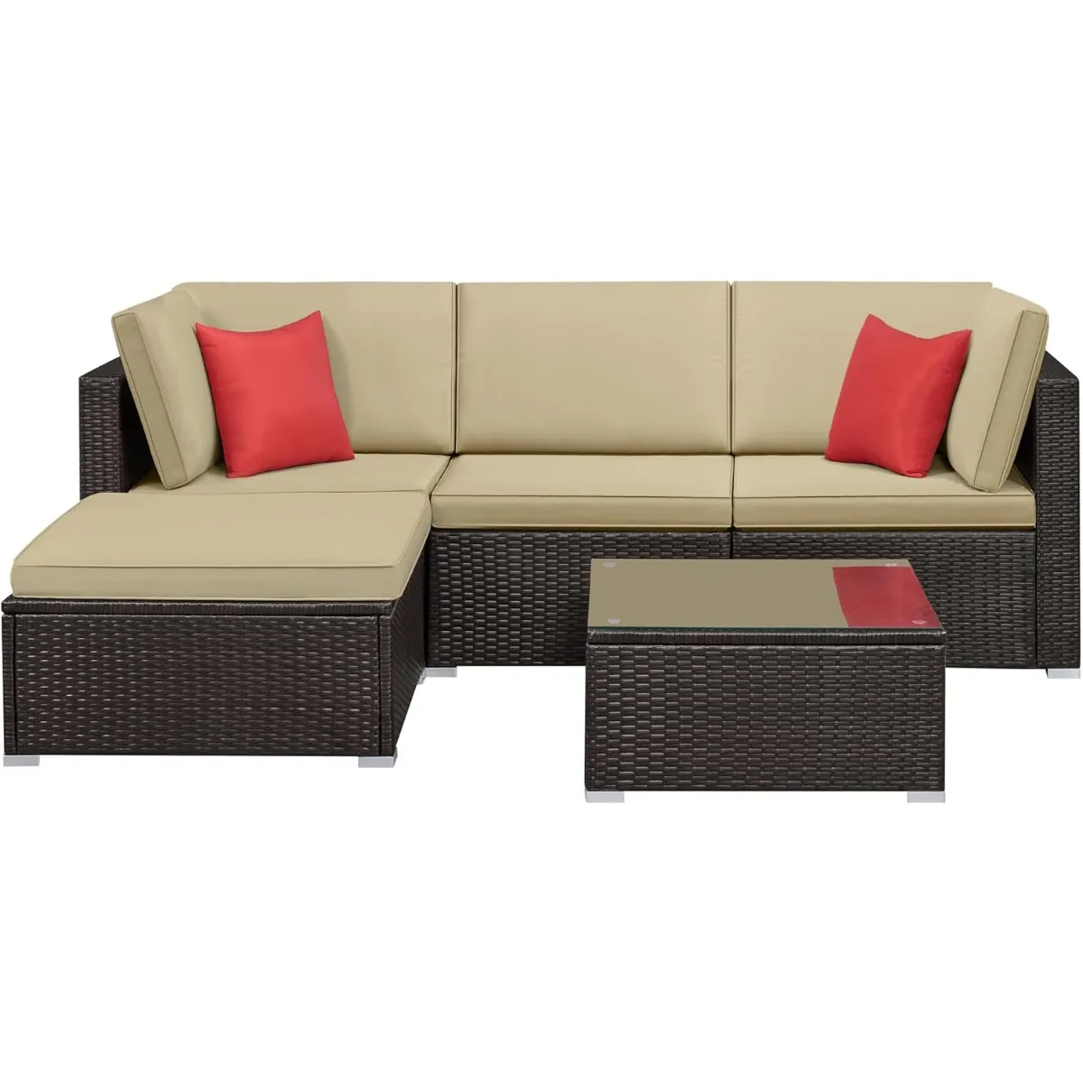 Patio Furniture Set, 5-Piece Outdoor/Indoor Rattan Wicker Sofa Set w/Glass-top Table, All-weather Conversation Lounge Set
Patio Furniture Set, 5-Piece Outdoor/Indoor Rattan Wicker Sofa Set w/Glass-top Table, All-weather Conversation Lounge Set