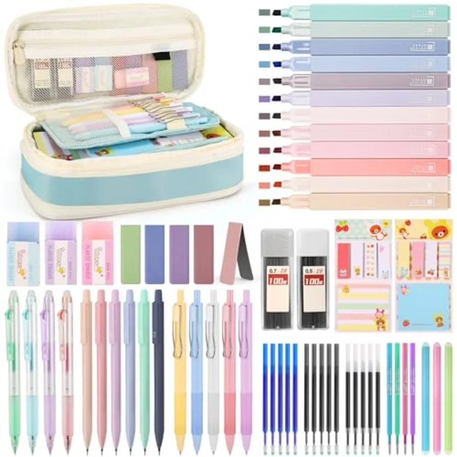 62PCS Aesthetic Stationery Set with Pencil Case, No Bleed Highlighters, Gel and Erasable Pens, Mechanical Pencils, Refills, Cut
62PCS Aesthetic Stationery Set with Pencil Case, No Bleed Highlighters, Gel and Erasable Pens, Mechanical Pencils, Refills, Cut