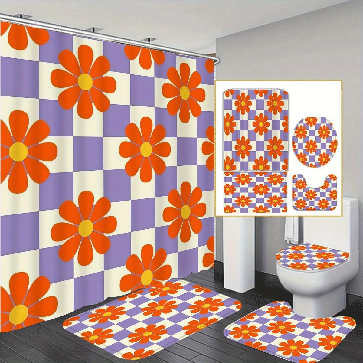 Colorful plaid prints Themed Polyester, Washable, Bathroom Shower Home Decor with 12 Hooks, Non-Slip Bath Mat, U-Shaped Toilet
Colorful plaid prints Themed Polyester, Washable, Bathroom Shower Home Decor with 12 Hooks, Non-Slip Bath Mat, U-Shaped Toilet
