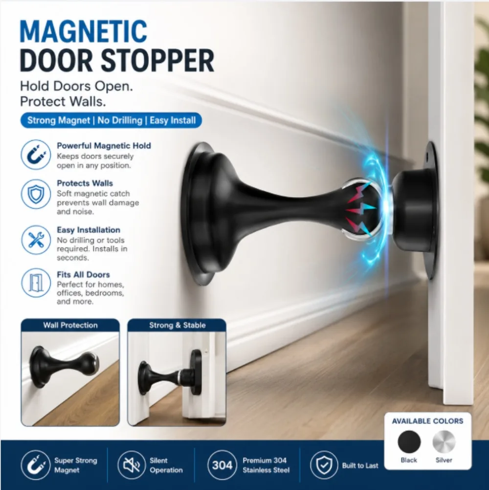 Door Stoppers Magnetic Door Catch - 2 Pack Stainless Steel Heavy Duty Door Holder Stops for Bottom Top of Door - Wall Floor Mounting No Drill 3D Adhesive & Screws Strong Magnet Keep Door Open
Door Stoppers Magnetic Door Catch - 2 Pack Stainless Steel Heavy Duty Door Holder Stops for Bottom Top of Door - Wall Floor Mounting No Drill 3D Adhesive & Screws Strong Magnet Keep Door Open