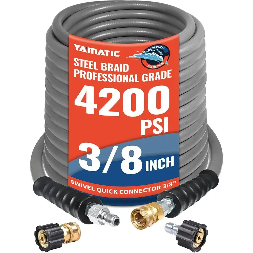 Prure Washer Hose 100 T, True 3/8"ID,4200 PSI, 250° Hot Water, Steel Braided Non-Marking Gray Rubber Hose, Swivel 3/8" Quick Con
Prure Washer Hose 100 T, True 3/8"ID,4200 PSI, 250° Hot Water, Steel Braided Non-Marking Gray Rubber Hose, Swivel 3/8" Quick Con