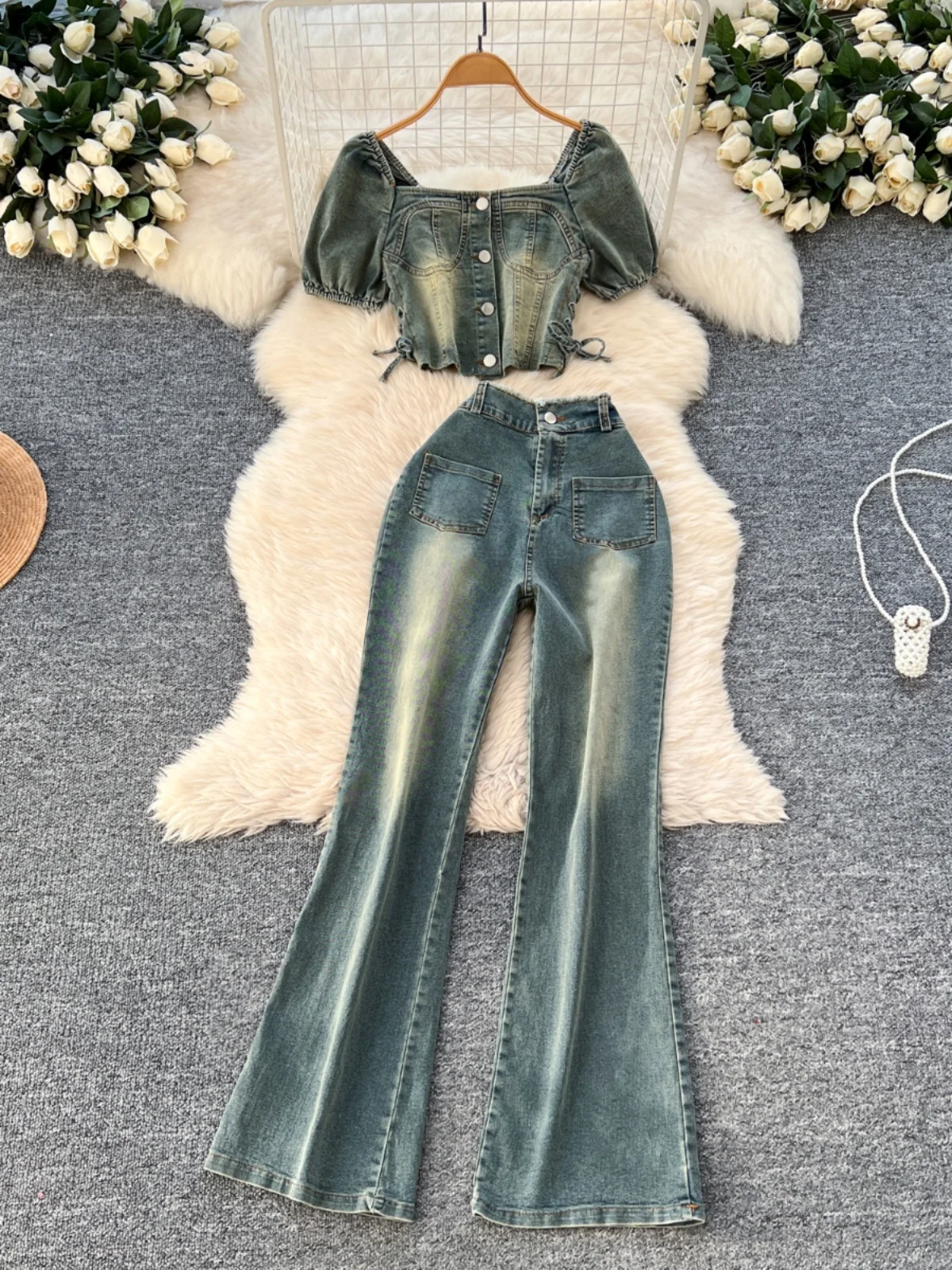 Retro Sle Women's Denim Set High Waist Slim Fit Long Pants Square Collar Top+High Waist Slim Fit Jeans Summer Faion
Retro Sle Women's Denim Set High Waist Slim Fit Long Pants Square Collar Top+High Waist Slim Fit Jeans Summer Faion