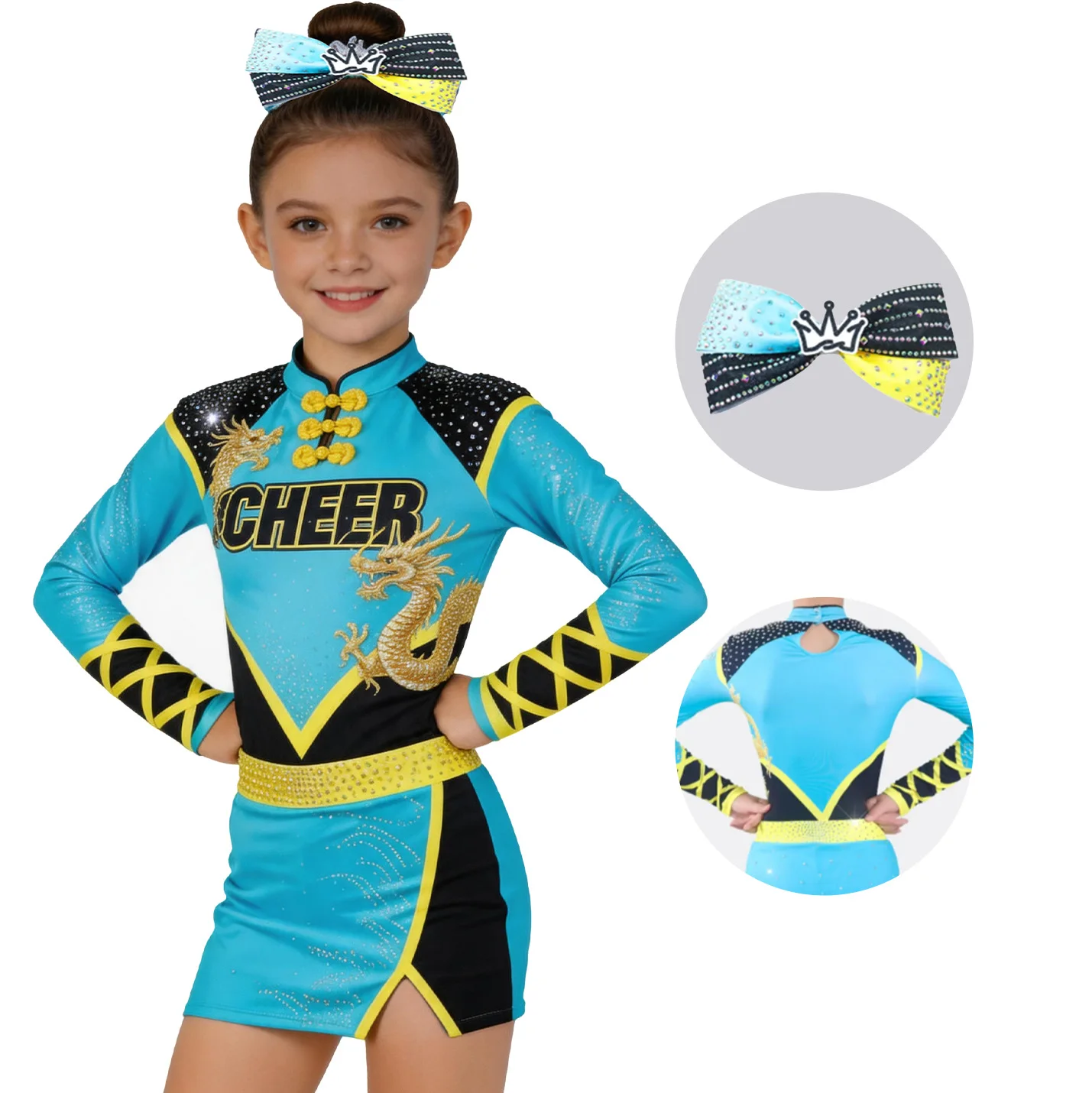 Sparkly Rhinestone Cheerleading Outfit Girls Blue Yellow Dragon Cheer Costume with Bow Kids Performance Uniform Dance Wear
Sparkly Rhinestone Cheerleading Outfit Girls Blue Yellow Dragon Cheer Costume with Bow Kids Performance Uniform Dance Wear