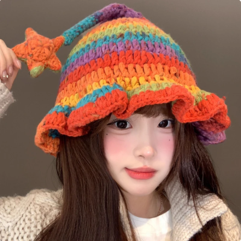 Korean version of dopamine color blocking hand-crocheted star knitted caps winter fashion warm pointed bucket hat for women
Korean version of dopamine color blocking hand-crocheted star knitted caps winter fashion warm pointed bucket hat for women