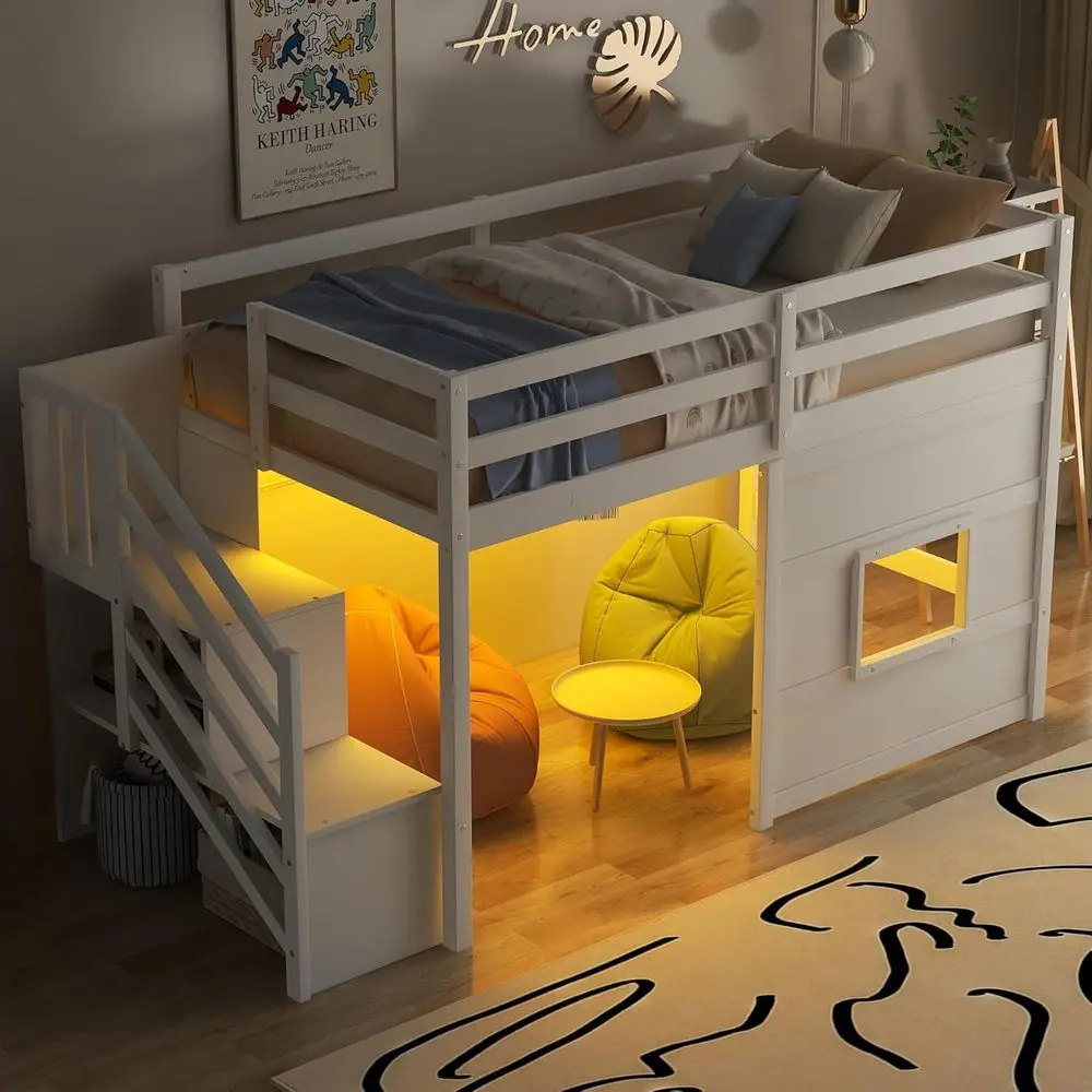 Low Loft Bed with LED Light, Twin Size Storage Bed with Staircase and Window, Wooden Kids Loft Bed with Steps for Boys and Girls
Low Loft Bed with LED Light, Twin Size Storage Bed with Staircase and Window, Wooden Kids Loft Bed with Steps for Boys and Girls