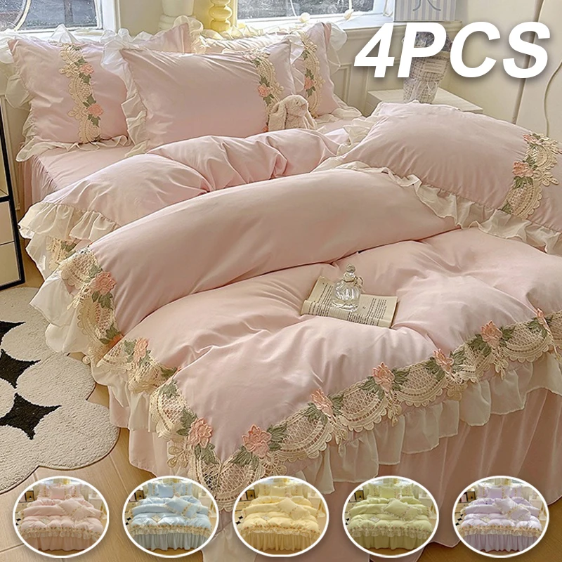 4PCS Embroidery Lace Bedding Set (Duvet Cover + Bed Sheet + Pillowcase) Quilt Cover Set Comfortable Ruffle Bedding Set Bedspread
4PCS Embroidery Lace Bedding Set (Duvet Cover + Bed Sheet + Pillowcase) Quilt Cover Set Comfortable Ruffle Bedding Set Bedspread
