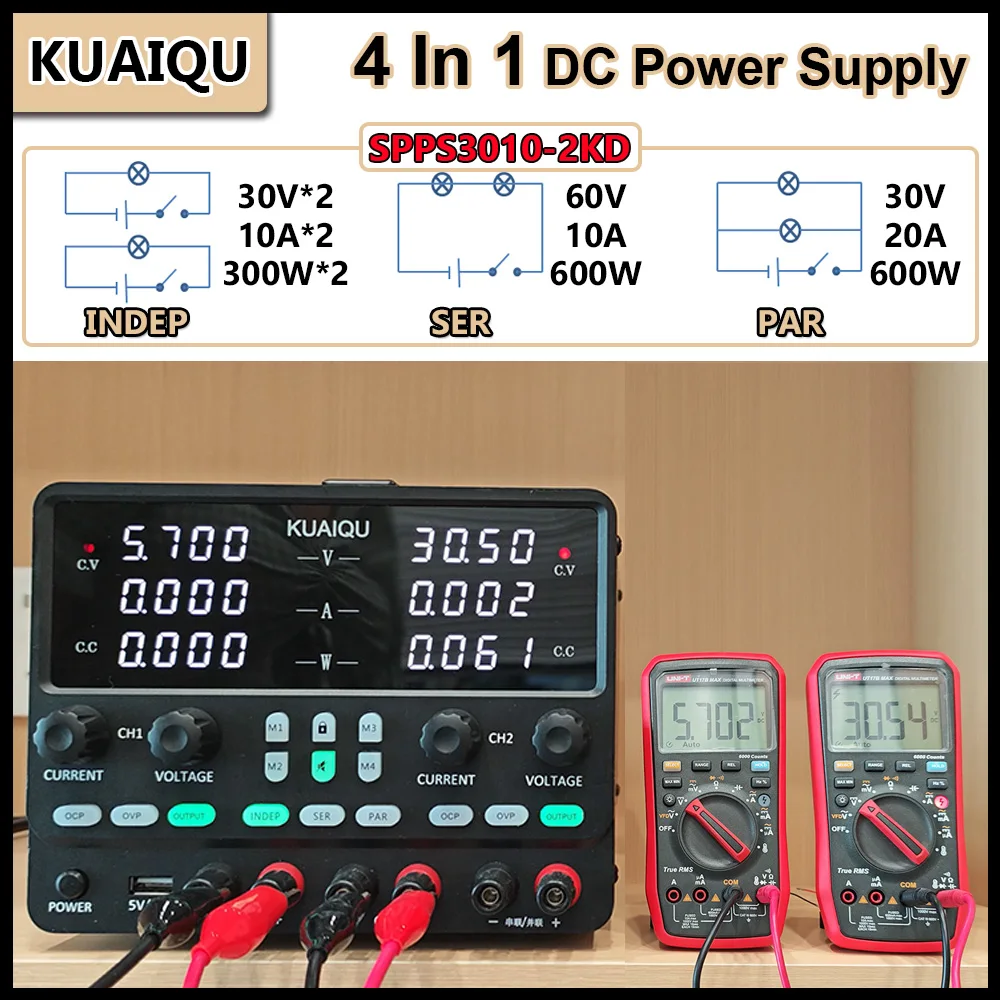 KUAIQU 30V 10A 300W Dual Channel DC Power Supply OCP/OVP/Memory Lab Voltage Regulator 60V 20A 600W INDEP/SER/PAR Power Source
KUAIQU 30V 10A 300W Dual Channel DC Power Supply OCP/OVP/Memory Lab Voltage Regulator 60V 20A 600W INDEP/SER/PAR Power Source