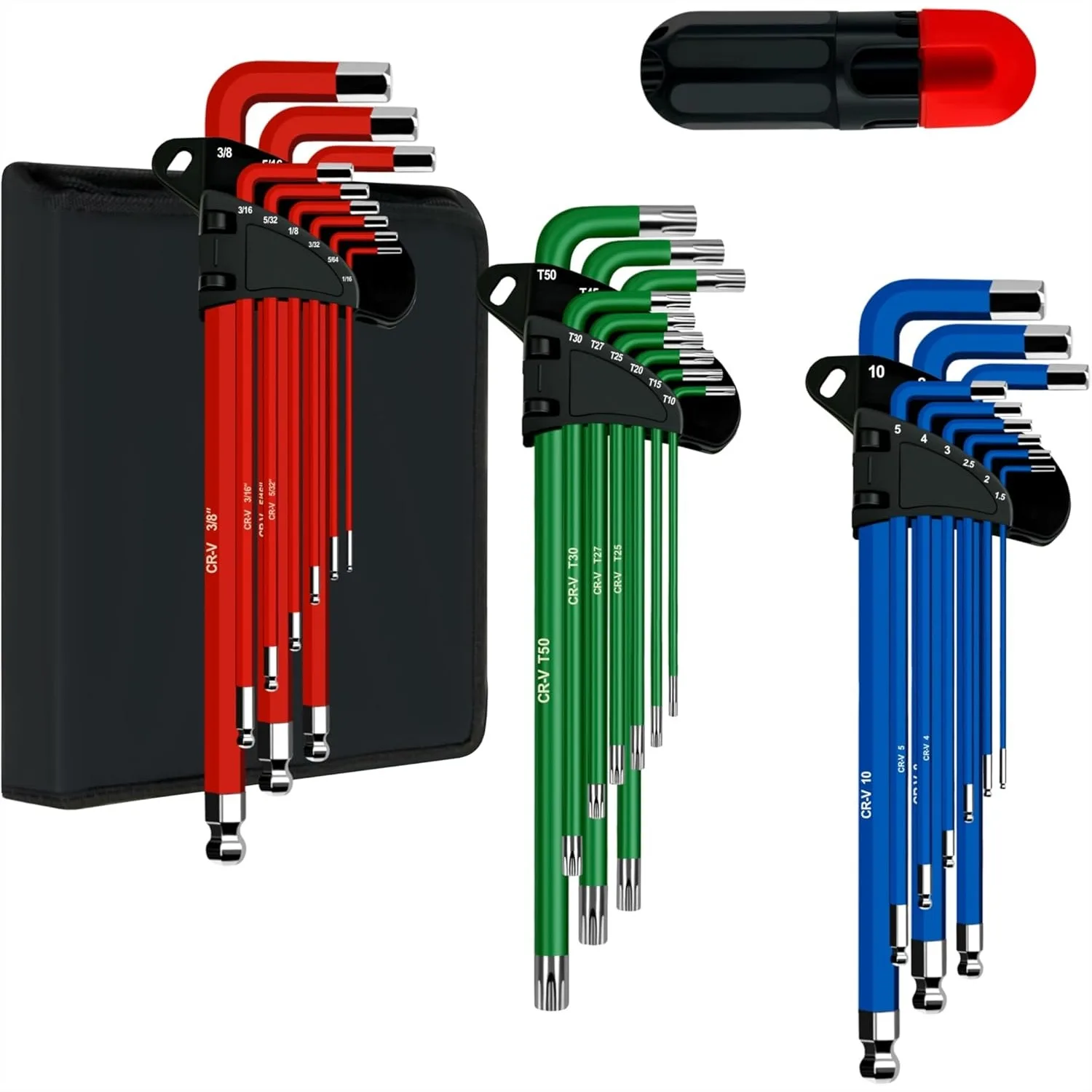 27-Piece Allen Wrench Set with Ball End and T-Handle, SAE & Metric & Torx, Chrome Vanadium Steel for Bike and Furniture Repair
27-Piece Allen Wrench Set with Ball End and T-Handle, SAE & Metric & Torx, Chrome Vanadium Steel for Bike and Furniture Repair