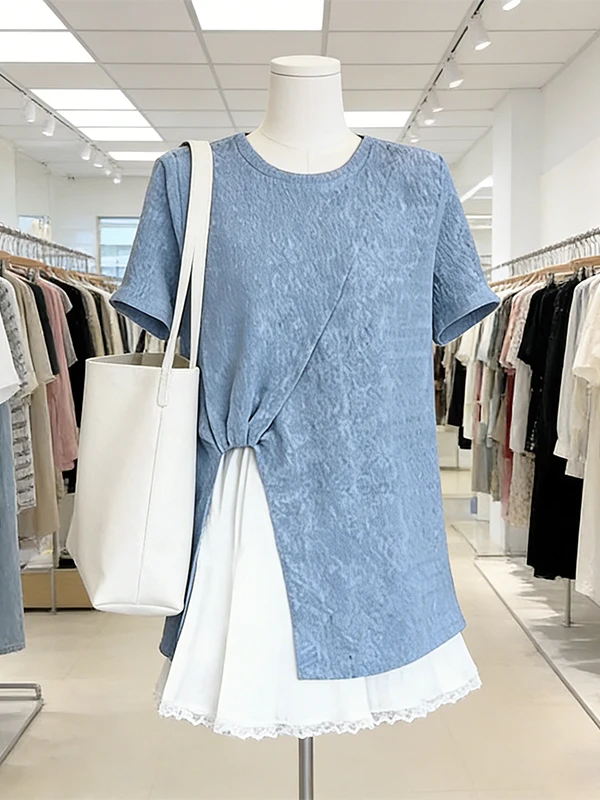 Large Size Fashion Short Sleeve Blue Split T-Shirt And White Skirt Two Piece Set for Women in Physical Store
Large Size Fashion Short Sleeve Blue Split T-Shirt And White Skirt Two Piece Set for Women in Physical Store