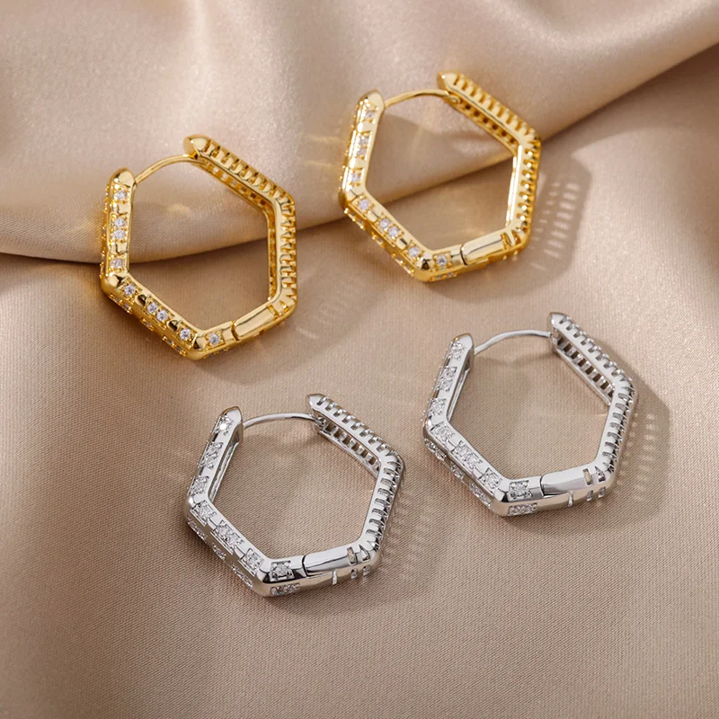 Hollow Hexagon Hoop Earrings for Women Stainless Steel Gold Color Zircon Earrings Female 2022 Trend Couple Wedding Jewelry femme
Hollow Hexagon Hoop Earrings for Women Stainless Steel Gold Color Zircon Earrings Female 2022 Trend Couple Wedding Jewelry femme