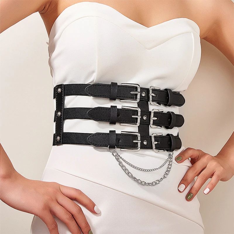 Vintage Punk 3 Straps Needle Buckle Belts Waistband Women Fashion Leather Elastic Corset Metal Chain Belt For Lady Dress Shirt
Vintage Punk 3 Straps Needle Buckle Belts Waistband Women Fashion Leather Elastic Corset Metal Chain Belt For Lady Dress Shirt