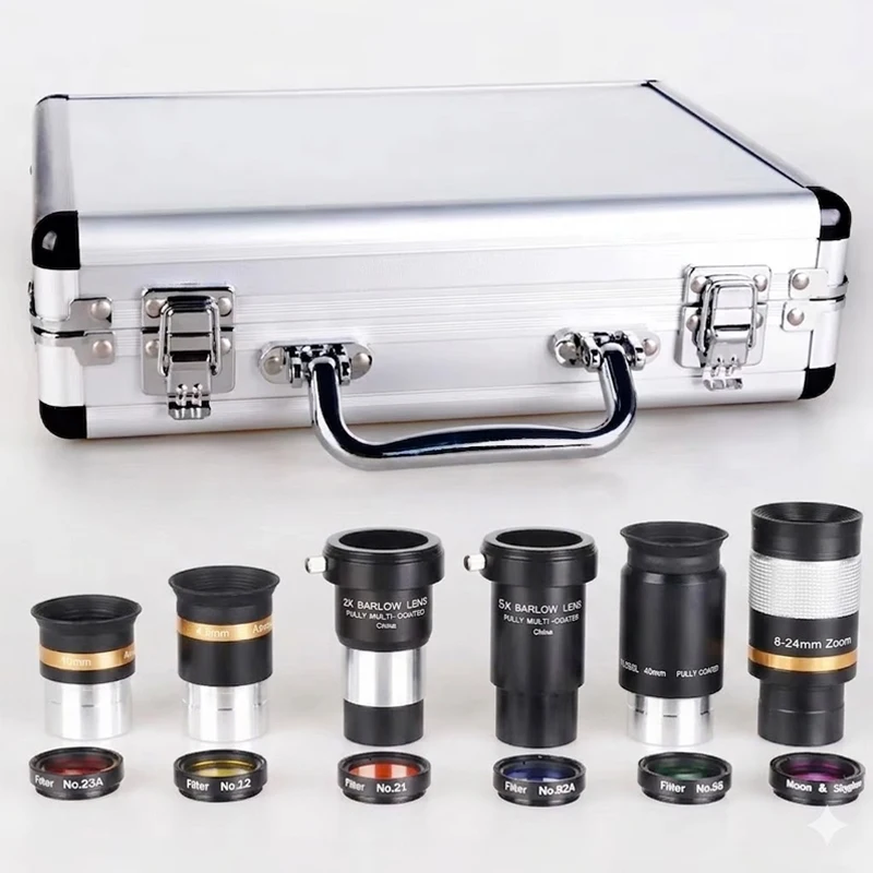 Astronomical Telescope Accessory Kit Eyepiece Barlow Lens Colors Filters 1.25"; 4/10/40/8-24mm 2x/5x Barlow Lens
Astronomical Telescope Accessory Kit Eyepiece Barlow Lens Colors Filters 1.25"; 4/10/40/8-24mm 2x/5x Barlow Lens